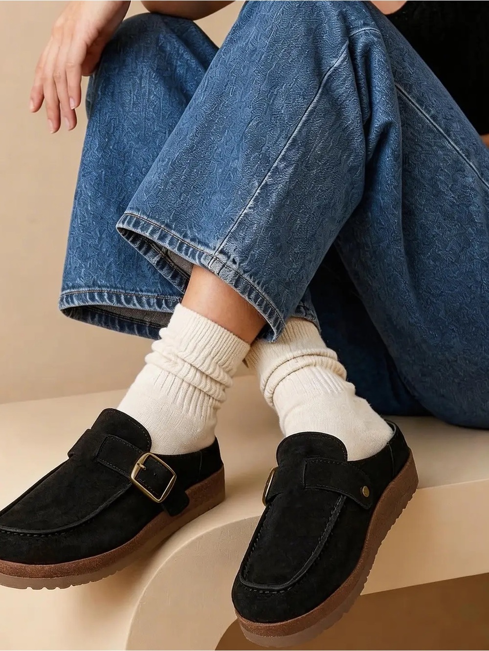 Funkymonkey Black Suede Clogs Adjustable Buckle Cork Footbed Mules Slip On NWT